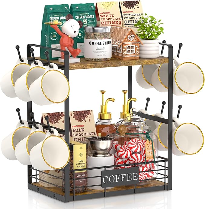 EsLuker.ly Coffee Mug Cup Holder Tree Bar Station Organizer for Countertop, Multi-Functional 2 Tier Mug Stand Rack for Kitchen, Storage Shelf with 12 Hooks, Vintage Brown-Black(Patented Design)