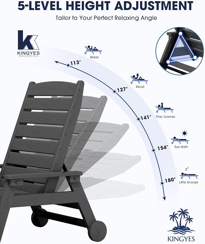 KINGYES HDPE Lounge Chair Outdoor Set of 4, Patio Chaise Lounge Recliner - Image 3