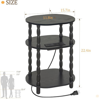 MaxSmeo Black Side Table with Charging Station, 3-Tier Small Oval End Table - Image 3
