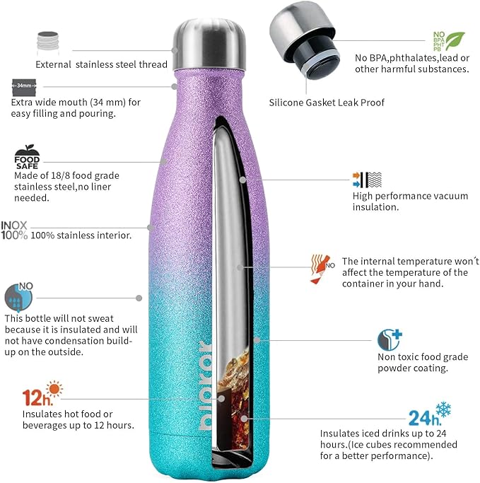 BJPKPK 17oz Insulated Water Bottles Stainless Steel,Sports Water Bottles Keep Cold for 24 Hours and Hot for 12 Hours,BPA Free,Glitter Purple Green