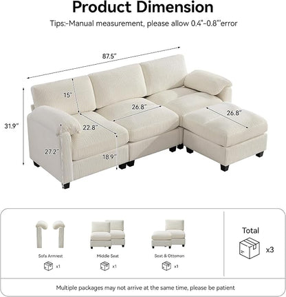 87.5'' L Shaped Modular Sectional Sofa, 3 Seater Cloud Couch - Image 2