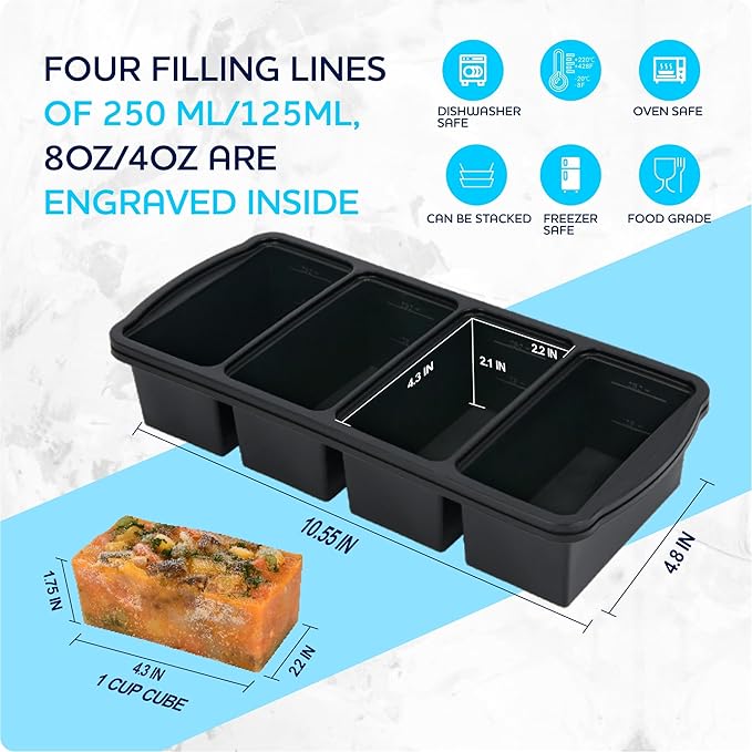 Silicone Freezer Trays with Lid,1-cup Soup Freezer Container large Ice Cube Molds with Reinforced Steel Ring Top for freezing Soup Sauce Broth Leftovers oven Dishwasher -Safe(2-Pack)
