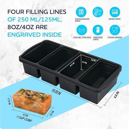 Silicone Freezer Trays with Lid,1-cup Soup Freezer Container large Ice Cube Molds with Reinforced Steel Ring Top for freezing Soup Sauce Broth Leftovers oven Dishwasher -Safe(2-Pack)
