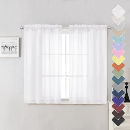 Sheer White Curtains 45 Inch Length 2 Panels, Airy Voile Short Curtains by Lecloud