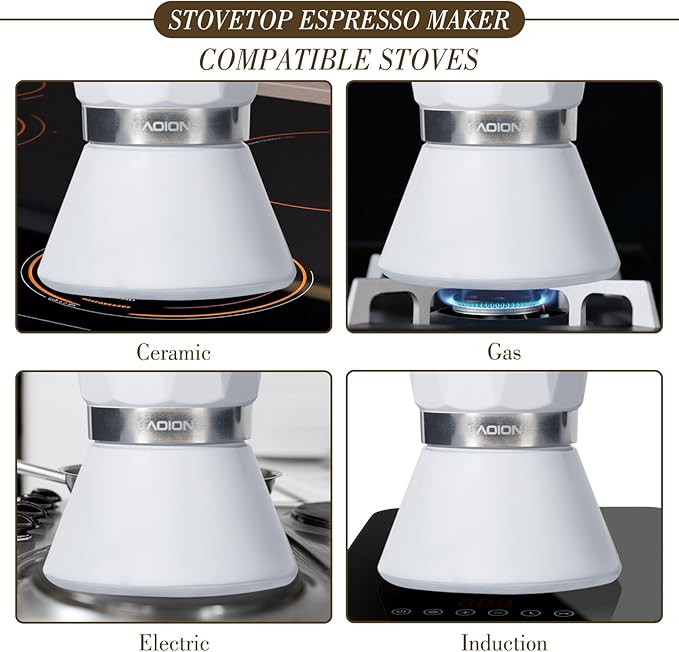 Moka Pot, 6-Cup Espresso Maker, 300ml Portable Stovetop Espresso Maker, Percolator Coffee Pot Compatible with Induction Cooktops, Suitable for Home and Camping (White)