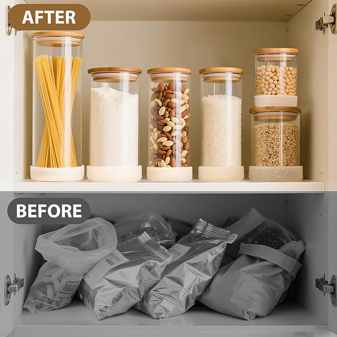 Glass Storage Containers with Bamboo Lids – 7 Pack Airtight Clear Glass Jars in Mixed Sizes (17oz/25oz/34oz/53oz/73oz) for Pantry Organization, Kitchen Dry Food, Coffee, Flour, Pasta & Snacks