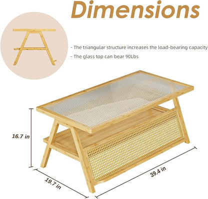 Bamworld Coffee Table with Storage Mid-Century Modern Coffee Table Boho - Image 2