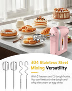 Electric Hand Mixer, Powerful 300W Hand Mixer Electric Handheld with 304 Beaters, Dough Hook,Hand Held Mixer with Turbo for Baking Cakes, Eggs, Cream Food(Pink)
