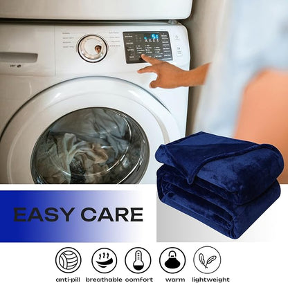 Fleece Plush Throw Blanket Navy Blue 108"x90""for Couch Fuzzy Cozy Flannel | - Image 4