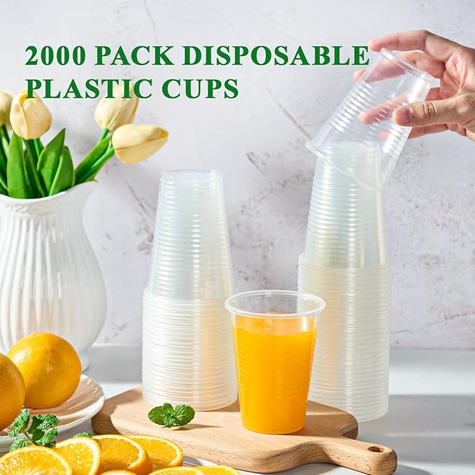 Vplus 2000 Pack 9 OZ Clear Plastic Cups, 9 Ounce Disposable Cold Water Party Drinking Cups for Wedding Thanksgiving Christmas Party