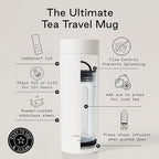 Firebelly Tea, Travel Tea Infuser Mug with Strainer, Insulated Tumbler for Loose Leaf Tea or Coffee, Leakproof Bottle for Hot or Iced Drinks, Stainless Steel Thermos with Lid, Blanc