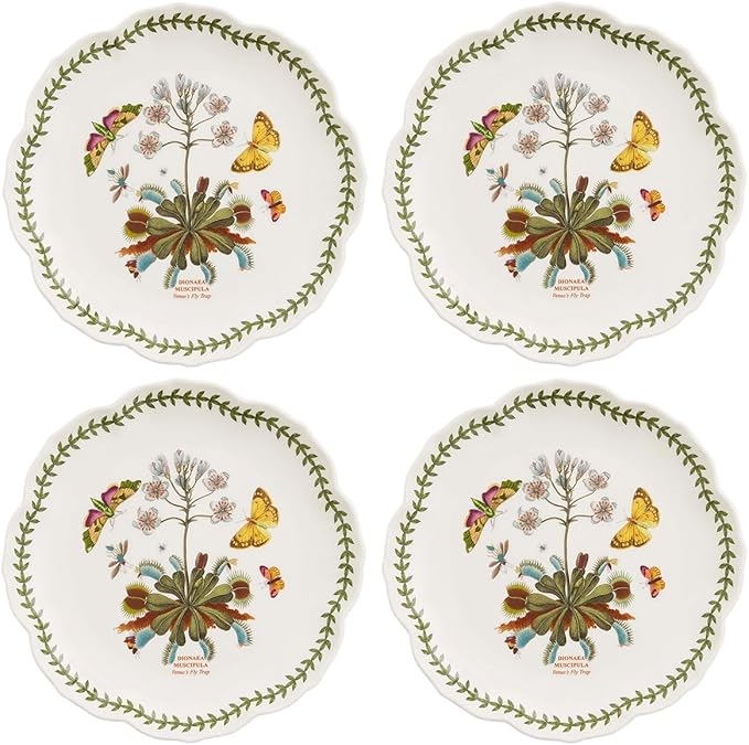 Portmeirion Botanic Garden Lotus Salad Plates, Set of 4 - Scalloped Rim, Butterflies Motif, 8.8" Floral Dinnerware Porcelain Dishes for Hosting, Entertainment