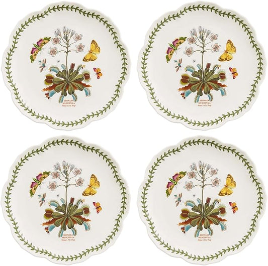 Portmeirion Botanic Garden Lotus Salad Plates, Set of 4 - Scalloped Rim, Butterflies Motif, 8.8" Floral Dinnerware Porcelain Dishes for Hosting, Entertainment