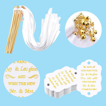 Junkin 100 Pcs Wedding Wands Streamers with Bells Set, 50 White Wedding Send Off Ribbon Streamers Sticks and 50 Favor Tags for Bridal Baby Shower Anniversary Holiday Send Off Party Activities Favors