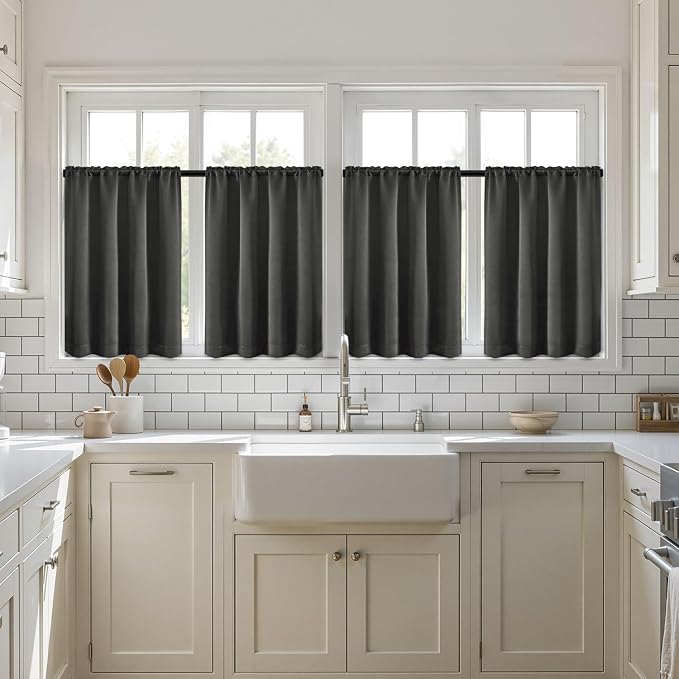MIULEE Set of 4 Dark Grey 45 Inch Short Blackout Kitchen Window Curtains | - Image 7