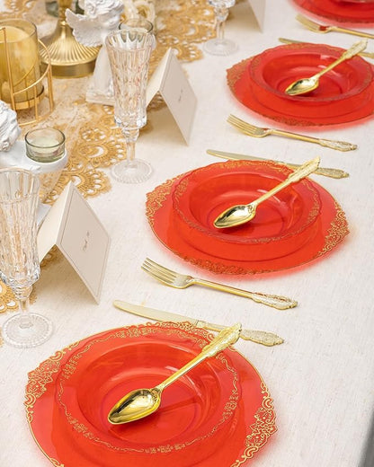 100 Pack Clear Red Plastic Bowls with Gold Rim, 12oz Plastic Salad Bowl, Disposable Bowls for Party, Dinners, Weddings, Christmas, Thanksgiving