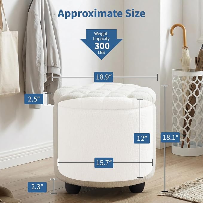 Furniliving Modern Round Storage Ottoman, Button Tufted Ottoman Footstool - Image 3