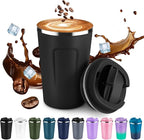Volhoply 12 oz Double Wall Insulated Vacuum Travel Coffee Mug with Flip Lid,Reusable Stainless Steel Leak Proof Coffee Cup,Portable Iced Cafe Thermal Tumbler Suitable for Hot&Cold Drinks(Black,1 Set)