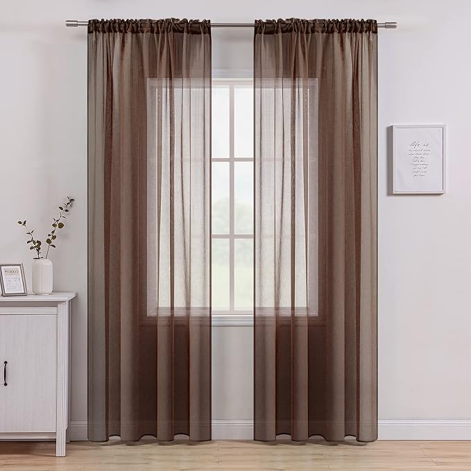 MIULEE Chocolate Brown Linen Textured Semi-Sheer Curtains 54W×72L 2 Panels | - Image 8