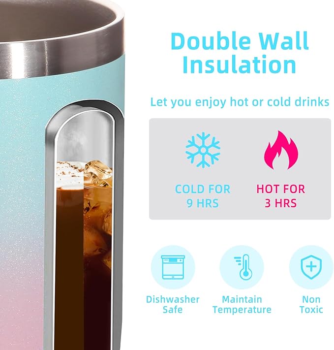 Volhoply 14oz Insulated Stainless Steel Coffee Mug with Leakproof Lid,Double Wall Vacuum Travel Coffee Cup with Handle, Reusable Cups Tumbler,Camping Mugs Keep Hot, Ideal Gifts(Green Pink,1 Set)
