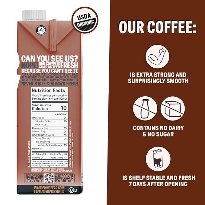 Wandering Bear Organic Cold Brew Coffee, Variety Pack, 32 fl oz (3pk - Vanilla, Caramel, Mocha) - Extra Strong, Bold, Smooth, Unsweetened, Shelf-Stable, Ready to Drink, Iced Cold Brewed Coffee Drinks