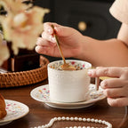 Tea Cups and Saucer Sets,8.8 oz Cappuccino Cups with Saucers and Spoons,3 Pieces, Vintage Style,Embossed Bone China Coffee Cup & Saucer Set For Women Wedding/Birthday/Christmas Gift