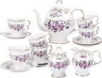 fanquare 15 Piece Porcelain Tea Set for Adults, Wedding Tea Service, Large British Teapot with Cups, Purple Rose