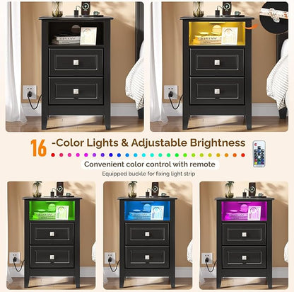Bonnlo Led Nightstand with Charging Station, Night Stand Black Bedside Table - Image 4