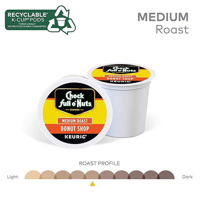 Chock full o’Nuts Donut Shop Keurig K-Cup Pods for Keurig Brewers – Premium Arabica, Medium Roast – Single Serve – 4 Packs of 24 K-Cup Pods