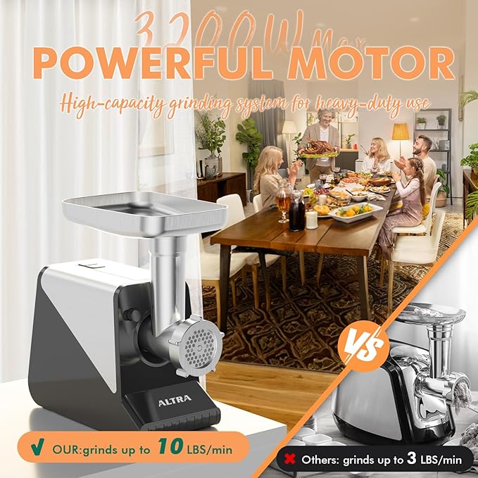 #8 Meat Grinder, [3200W Max] Electric Heavy Duty Sausage Stuff with 2 Stainless Steel Blades and 3 Grinding Plates, Sausage Tube & Kibbe Kit, for Commercial & Home Use