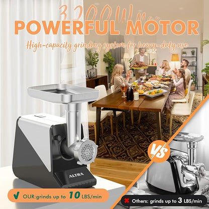 #8 Meat Grinder, [3200W Max] Electric Heavy Duty Sausage Stuff with 2 Stainless Steel Blades and 3 Grinding Plates, Sausage Tube & Kibbe Kit, for Commercial & Home Use