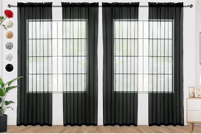 SpaceDresser Black Sheer Curtains 4 Panels Rod Pocket Semi-Sheer Curtain 84 by SpaceDresser