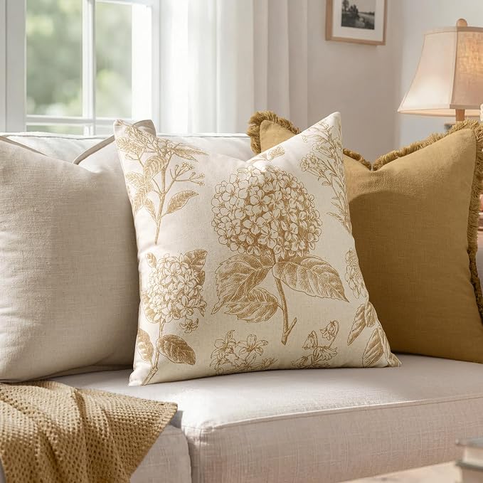 Set of 2 Decorative Floral Pillow Covers 22x22 Inch Light Yellow | Neutral - Image 3