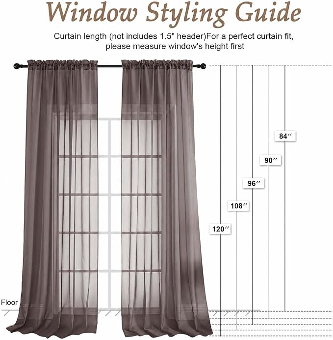 Sheer Chocolate Curtains 108 Inches Long 2 Panels Set, 59 Inch Extra Wide - Image 2