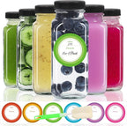 STARSIDE 8 oz Glass Juice Bottles with Lids 6 Pack - Square Reusable Drinking Jars for Juicing, Milk, Kombucha - Includes 1 Bottle Brush, 6 Colored Labels