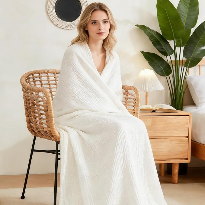 EMME Muslin Blankets for Adults White Small Blanket 40" x 50" | Throw Blanket - Image 2