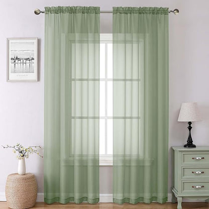 Sage Green Sheer Curtains 90 Inches Long 2 Pcs, Modern Solid Voile Light by Lecloud