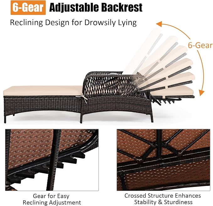 COSTWAY PE Rattan Chaise Lounge Chair, 6 Gear Adjustable Recliner - Image 4