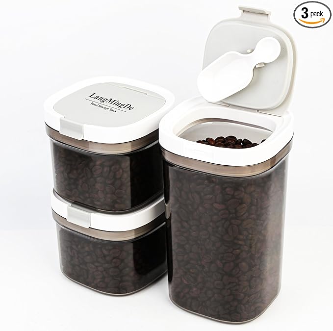 3 Piece Airtight Kitchen Storage Canisters Set, Coffee and Dry Food Storage Containers, BPA-Free, Stackable, Easy-Clean, Perfect for Coffee, Flour, Sugar, Includes Scoop