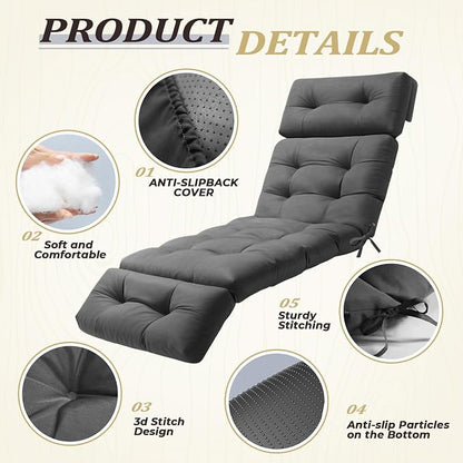 Outdoor Chaise Lounge Cushion, Waterproof 74.4x22x4.7 Inch Thick Cotton Filled - Image 5