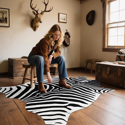 Faux Zebra Rug, Zebra Print Rug Animal Hide Rugs, 4.6 x 5.2 Ft Black | Premium - Image 5