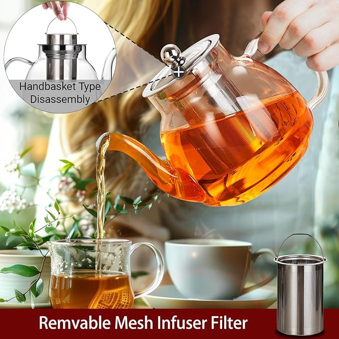 1100ml Glass Teapot with Removable Infuser,37oz Borosilicate Clear Tea Kettle,Stovetop Microwave Safe,Blooming and Loose Leaf Tea Maker Gift