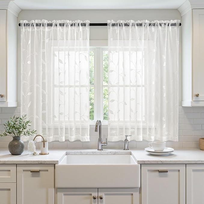 MIULEE Ivory Sheer Kitchen Curtains 30x36 Inches Length 2 Panels Embroidered - Image 7