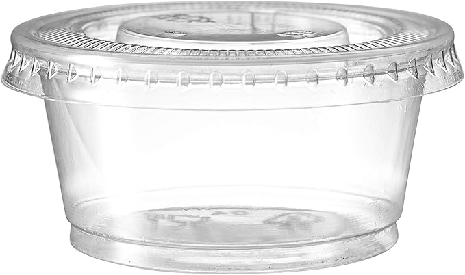 Portion Cups with Lids (2 Ounces, 100 Pack) | Disposable Plastic Cups for Meal Prep, Portion Control, Salad Dressing, Jello Shots, & Medicine | Small Plastic Condiment Container