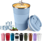 YINBAOGE Insulated Travel Coffee Mug Spill Proof Leak Proof Pobtable To Go Camping Stainless Steel Coffee Tumbler Reusable Coffee Cups with Lids Thermos for Hot and Cold Drink (Light blue, 12 OZ)