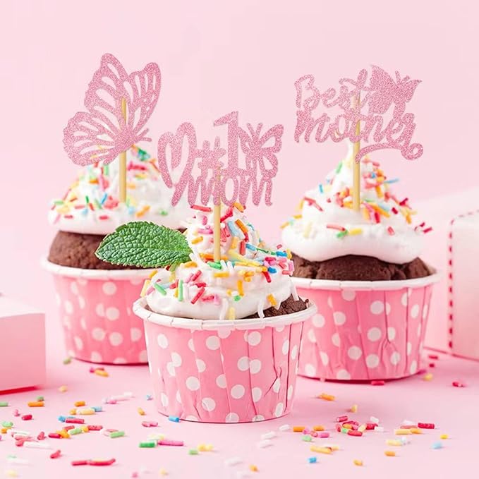12Pcs Birthday Cupcake Toppers,Pink Glitter Cake Toppers Butterfly Cupcake Picks for Coquette Theme Party Decoration Engagement Wedding Baby Shower Party Cupcake Decor