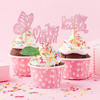12Pcs Birthday Cupcake Toppers,Pink Glitter Cake Toppers Butterfly Cupcake Picks for Coquette Theme Party Decoration Engagement Wedding Baby Shower Party Cupcake Decor