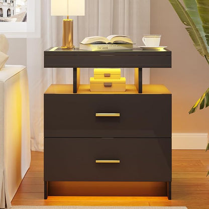 LED Nightstand Set 2 with Wireless Charging Station, Glass Top Smart Bedside - Image 7