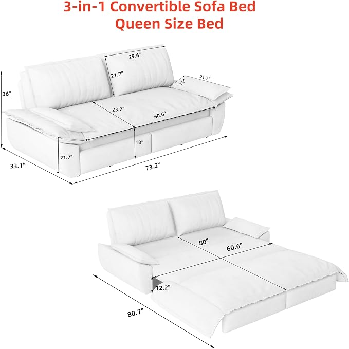 KEIKI 73.2" Queen Convertible Sofa Bed, 3-in-1 Pull Out Sleeper Couch - Image 2