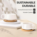 MIAMIO – 11 Oz., Set of 4 Ceramic Tea Cup and Saucer Bamboo/Tea Mug - Wide Cappuccino Cup, Coffee Cups Ceramic Mug for Cappuccino, Latte, Espresso & Americano - Luxe Collection (White)